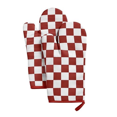 Ohocut Red Checkered Oven Mitts Heat Resistant, Vintage Retro Checkerboard Cute Oven Mitts, Non-Slip Silicone Kitchen Oven Gloves, 2-Pack Set, 7''x13''