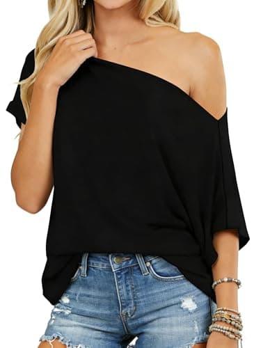 Dressmine One Sleeve Tops for Women Cold Shoulder Tops Raglan Shirt Short Sleeve Tunic Tops Summer 2026 Asymmetrical Loose Tee Black XXL