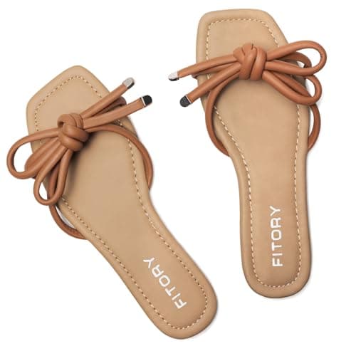 FITORY Women's Flat Sandals Square Open Toe Thong with Cute Knot for Summer Size 6 Brown