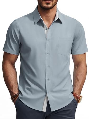PJ PAUL JONES Shirt for Men Short Sleeve Slim Fit Dress Shirts Casual Button Up Untucked Shirts for Wedding Grey S