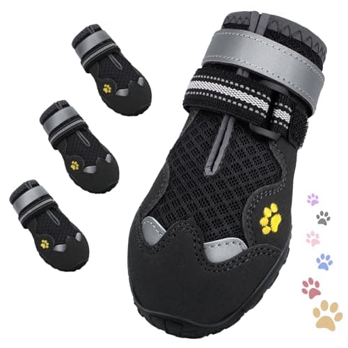 FISHOAKY Dog Shoes for Large Medium Small Dog, Mesh Breathable Dog Shoes for Hot Pavement, Anti-Slip Dogs Boots Paw Protectors with Reflective for Outdoor Walking Indoor Hardfloors (Size 4)