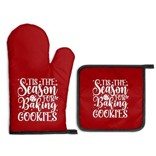 Gkodw Tis The Season for Baking Cookies Oven Mitts and Pot Holders Sets, Funny Christmas Oven Mitt for Women Chef, Cookie Baker Gifts for Family, Christmas Baking Gifts for Mom Housewives Hostess