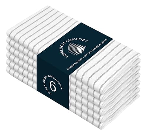 HEIRLOOM COMFORT Ash Grey Stripe Dinner Napkins Set of 6, 18x18 Inch, 100% Cotton, Reusable and Washable Fabric, Soft, Classic Striped Table Linen Napkin for Everyday Dining, Luncheon, Formal Events
