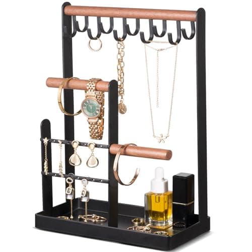 ProCase Cute Jewelry Stand, Aesthetic Jewelry Organizer for Dresser Vanity, Jewelry Holder Display for Necklaces Earrings, Gifts for Teen Girls Women, Bedroom Dorm Decor -Medium, Black
