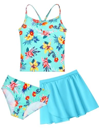 Snowheart Girls' Swimwear Size 7-8 Years Old 3 Piece Sleeveless Bathing Suits Green Yellow Flower Swimsuit with Skirt