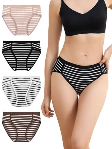 Ellychi Yii Women Cotton Cheeky Underwear - French High Cut Striped Ladies Panties Full Coverage 4 Pack, XS