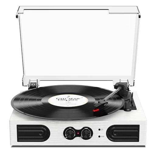 Vinyl Record Player with Built-in Stereo Speakers, Vintage 3-Speed Turntable, Bass/Treble Control, Headphone Jack, RCA/AUX Outputs, Belt-Driven LP Player, White Wood