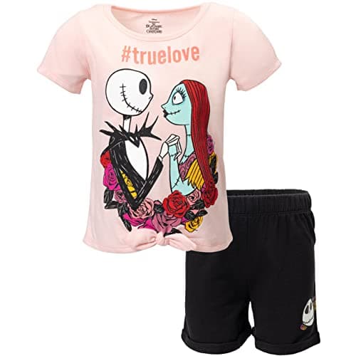 Disney Nightmare Before Christmas Little Girls Knotted Graphic T-Shirt French Terry Shorts Set Black/Pink 4