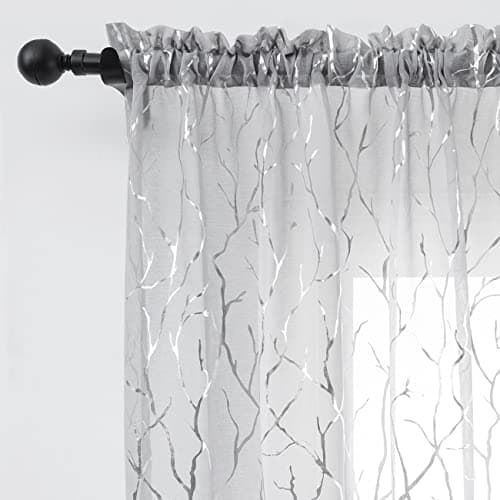 FINECITY Grey Sheer Curtains with Silver Branch, W52 x L45 Inch, 2 Panels