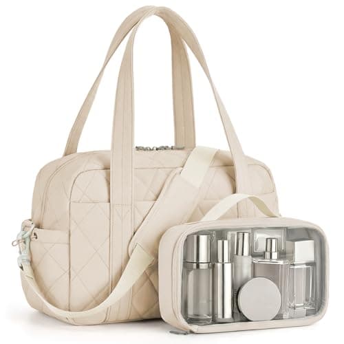 Percover Weekender Bag for Women, Ultra Lightweight Travel Duffle, Carry On Personal Item Overnight Bag with Toiletry Pouch & Compartments, Quilted Gym & Travel Bag, Ivory Beige