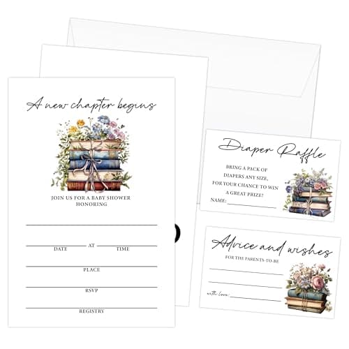 Qssfdgg A New Chapter Begins Baby Shower Invitations, Floral Invitations With Envelpoes, Diaper Raffle Tickets & Advice and Wishes Cards, Baby Shower Invitation Gender Neutral for Boys Girls -02
