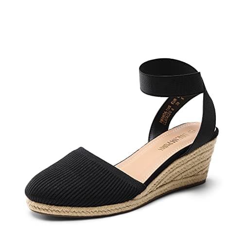 DREAM PAIRS Women's Elastic Ankle Strap Espadrilles Wedge Sandals,Size 5,Black-Knit,AMANDA-1