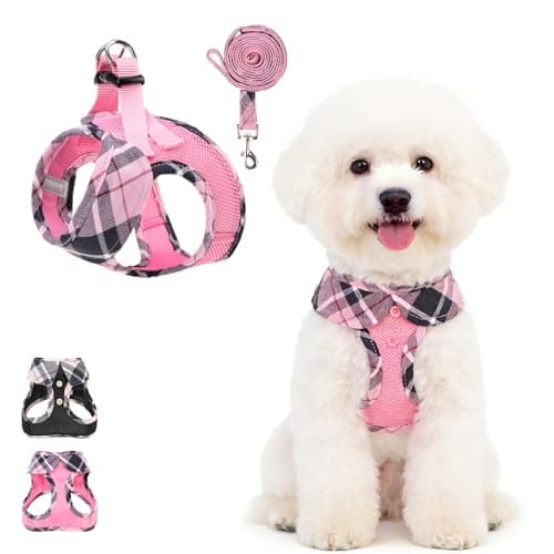KOOLTAIL Dog Harness and Leash Set, Cute Pink Girl Dog Harness Medium Sized Dog, Step in No Pull Soft Mesh Pet Vest Harness Collar for Dogs Cats, Plaid Puppy Halters for Outdoor Walking, Pink M