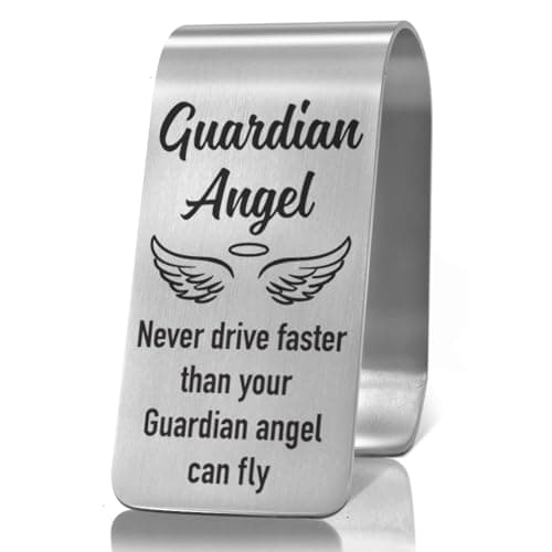 XQLZY Never Drive Faster Than Your Guardian Angel Can Fly Engraved Stainless Steel Car Visor Clip, Inspirational Guardian Angel Safe Driving Gifts for Family Friend Driver, Drive Safe Reminder Gifts