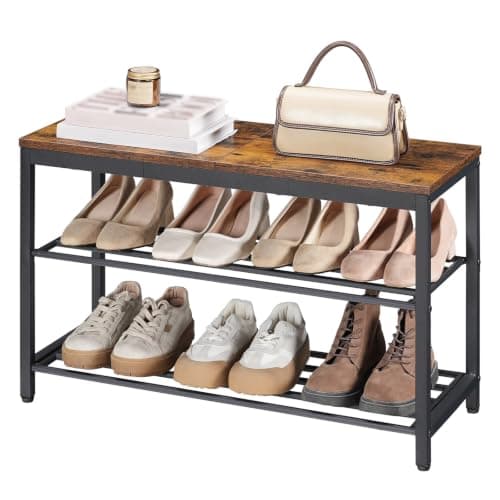 HOOBRO Shoe Bench, 3-Tier Narrow Entryway Bench with Seat, Shoe Rack, Industrial Metal and Wood Shoe Organizer for Small Spaces, Hallway, 11.2" D x 29.5" W x 19.1" H, Rustic Brown and Black BF76HX01