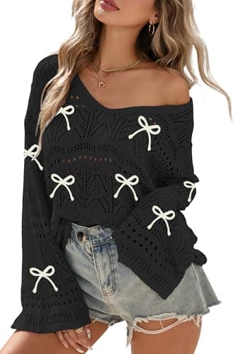 Cakulo Womens Summer Crochet Tops Boho Off Shoulder Sweaters Lightweight V Neck Loose Vacation Resort Wear 2026 Bow Black S