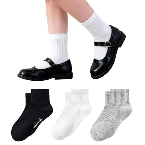 GUXIMIAR Unisex Kids Athletic Crew Dress Socks Boys Girls Cotton School Uniform Socks for Girls Casual Basic Socks 3 Pairs Black/White/Grey 9-12T