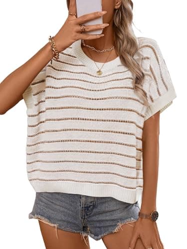 RICHSTORY Womens Short Sleeve Sweaters Spring Summer 2026 Casual Cap Sleeve Striped Pullover Tops Loose Round Neck Lightweight Hollow Out Knit Sweater Vest Beige Small