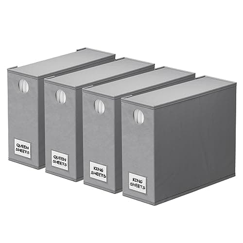 SpaceAid 4 Pack Bed Sheet Organizers and Storage, Foldable Organizer for Linen Closet, Sheets Set Folder Keeper with Window XL (Queen & King Size) Organizing Bedding Container, Gray 91ZDSN-SL01-G4