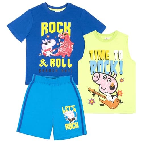 Peppa Pig Boys 3 Piece Short Set Short Sleeve Shirt Tank Top Shirt and Shorts 3 Pack Bundle Set for Kids and Toddlers (Blue and Grey Size 7)