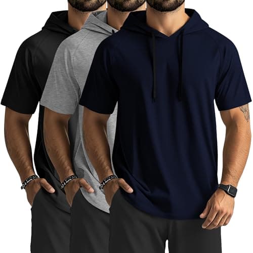 Ficerd 3 Pack Men's Short Sleeve Workout Hoodies, 3-Color, Medium
