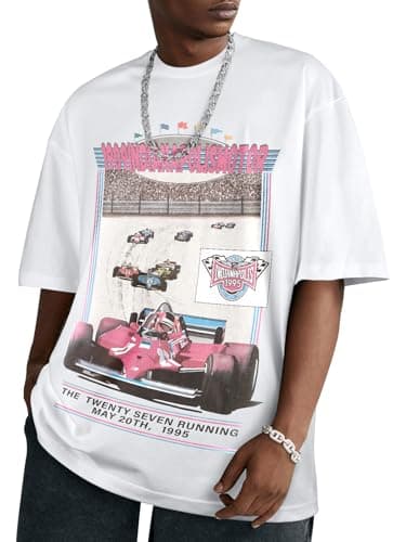 Flafens Oversized Tshirts for Men - Graphic T Shirt Tees Crewneck Short Sleeve Loose Top Over Sized Cool Pattern Print Tops, L, Car