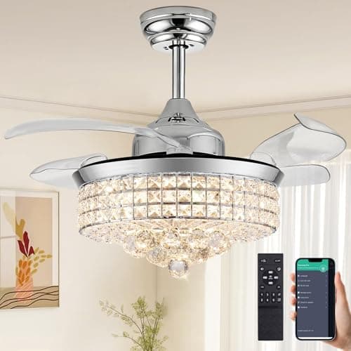 Trssdre 42" Crystal Fandelier Ceiling Fan with Lights, Retractable Invisible Modern Chandelier Ceiling Fan with Remote Control for Bedroom Living Room Chrome Fandeliers 6 Speed 3 Colors