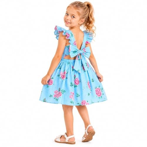 HILEELANG Toddler Girls Easter Floral Dress Sky Blue Rose Print Square Neck Ruffle Sleeve Back Bow A-Line Twirl Party Dress for Spring Summer 2T