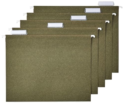 Amazon Basics Hanging File Folders for Documents, Letter Size, 1/5-Cut Adjustable Tabs, Standard Green, 75 Count per Box