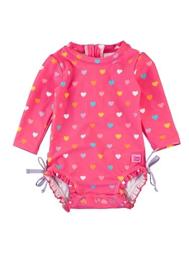 RuffleButts Baby Girls UPF 50+ Sun Protection Polka Dot Long Sleeve One Piece Rash Guard Swimsuit with Zipper - Colorful Hearts, 12-18m