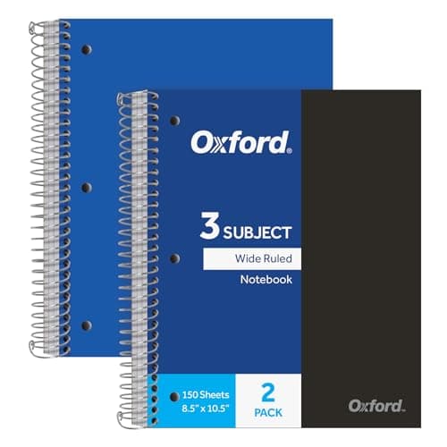 Oxford Spiral Notebooks, 3-Subject, Wide Ruled Paper, Durable Plastic Cover, 150 Sheets, 3 Divider Pockets, 2 per Pack (10385)