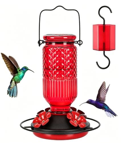 FEED GARDEN Glass Hummingbird Feeder for Outdoors Hanging, 16 oz Leak-Proof Nectar Feeder with Bee Guards & Ant Moat, 4 Metal Flower Feeding Ports, 360° Perch Ring, Easy Refill & Clean, Red
