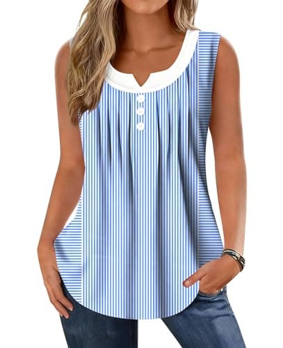 Summer Tops for Women 2026 Trendy Pleated Front Striped Tank Top Curved Hem Flowy Sleeveless Shirts