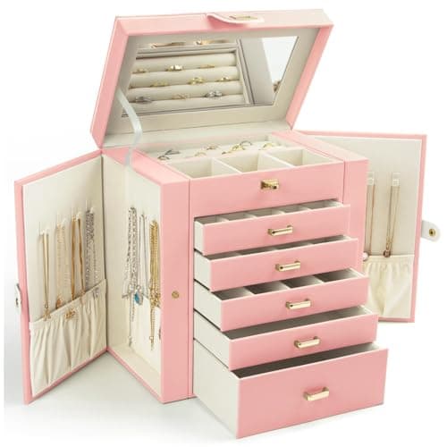 KAMIER Jewelry Box for Women, 6-Layer Large Jewelry Organizer Box with Mirror & 5 Drawers for Rings, Earrings, Necklaces, Bracelets,Pink