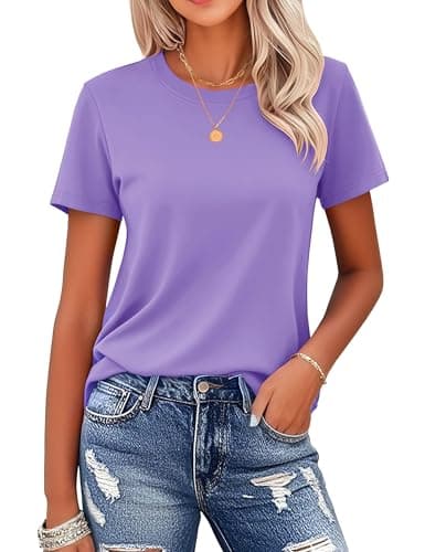 MAGCOMSEN Womens Crew Neck Shirts Short-Sleeve Casual Basic T-Shirt Classic-Fit Tops Cotton Breathable Tees, Light Purple, M