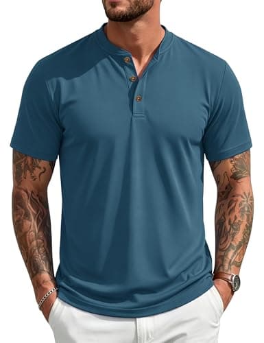 MAGCOMSEN Men's Henley Short Sleeve Shirt UPF 80+ Moisture Wicking Polyester Shirts Button T-Shirts Casual Basic Tees Denimblue