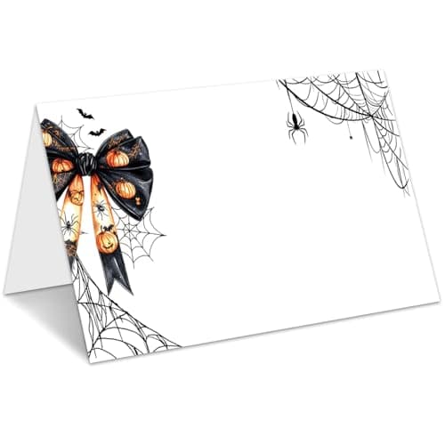 Halloween Place Cards for Table Setting, Bow Tent Cards Decor For Birthday Baby Shower Autumn Party Reception Decorations, Bridal Shower Place Card, 25 Pack Birthday Food Name Card 2 x 3.5" /031