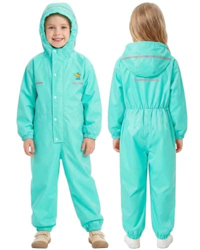 JiAmy Kids Toddler One Piece Rain Suit, Waterproof Full Body Rainwear with Hood, Muddy Buddy Style Coverall for Daycare Outdoor Play,Green,2-3 Years