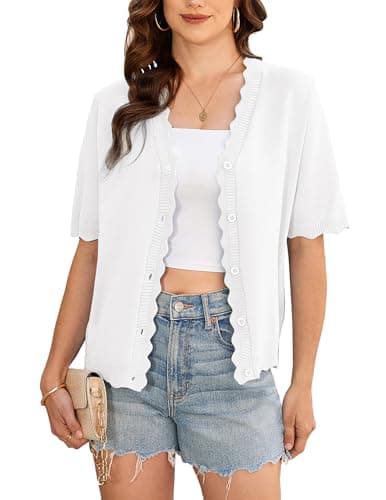Yekaty Womens White Summer Lightweight Cardigan Button Knit Short Sleeve Sweater Cropped Bolero Shrugs