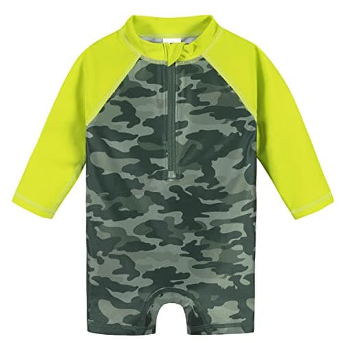 Gerber Baby Boys Long Sleeve One Piece Sun Protection Rashguard Swimsuit, Green Gator, 3-6 Months