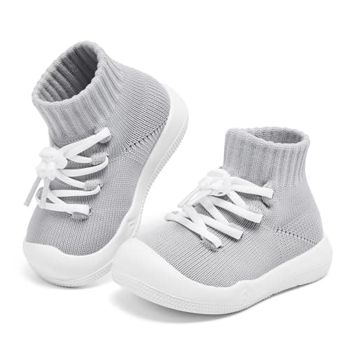 Fahrerliebe Baby Non Slip Socks Shoes Boys Girls Soft Slip On Sneakers Protection Toe Infant Slippers Lightweight Breathable First Walking Shoes Grey 0-9months