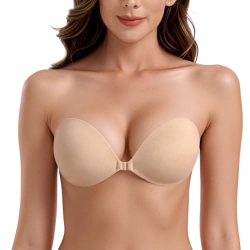 REROIO Ultra Sticky Bra Push Up Backless Bra Reusable, Invisible Adhesive Bra, Comfortable Strapless Bras for Women Beige