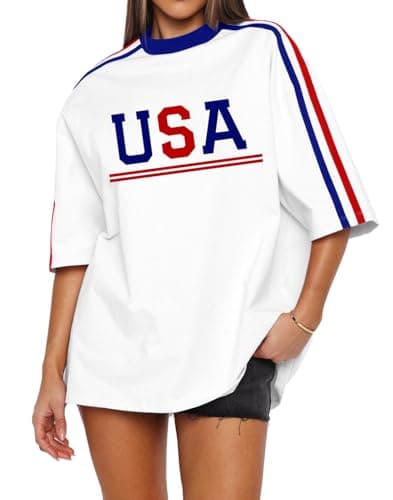 Dressmine USA Striped T Shirt for Women Short Sleeve Graphic Oversized Tees 4Th of July Shirts Round Neck Summer Patriotic Tops White L