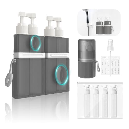 YOTIME 4 in 1 Travel Dispenser Bottle, Vacuum Silicone Suction Cup for Smooth Walls, TSA Approved Leak Proof Travel Size Containers for Hotel, Swimming, Gym, Camping, Gray