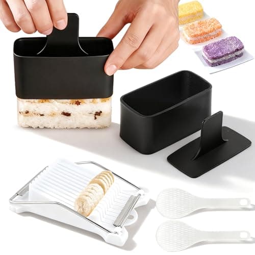 Musubi Press Mold Kit, 2 Pack Musubi Maker with Luncheon Meat Slicer and 2pcs Rice Paddle, Onigiri Press Mold for Bento, Snacks, Party and Picnic(COLOR:Black)