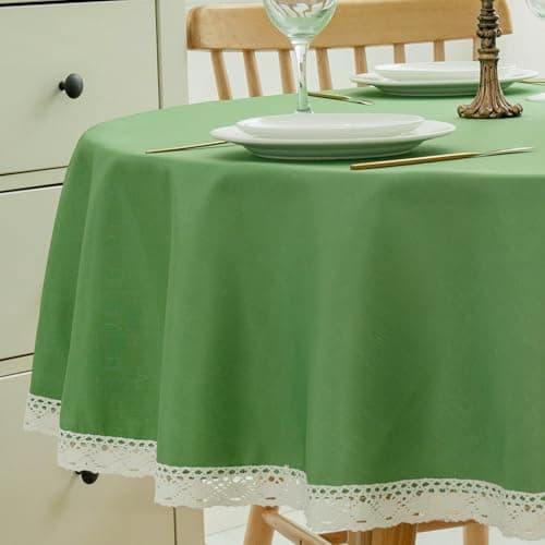 EHouseHome Faux Linen Tablecloth with Lace Trim - Waterproof/Spill Proof/Stain Resistant/Wrinkle Free/Oil Proof - for Banquet, Parties, Dinner,Wedding,Holiday,Oliver Green, Round 60Inch