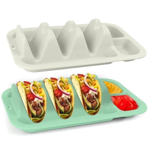 Silicone Taco Plates Holder Set of 2 - Reusable Taco Plates with Dividers & Dip Bowls, Holds 3 Tacos Stand | Microwave & Dishwasher Safe, Heavy Duty Non-slip Taco Tray Stands for Hard/Soft Shells