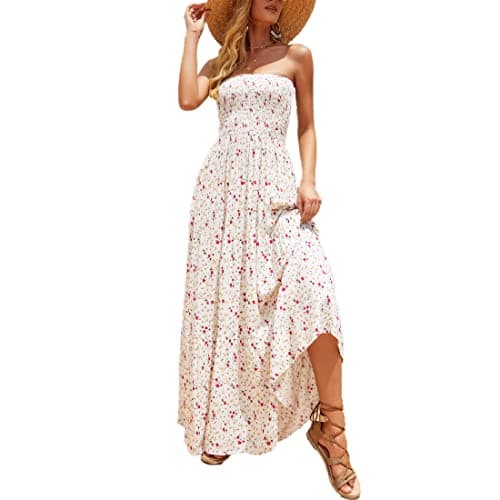 pasidvy Women's Casual Off Shoulder Maxi Dress Strapless Tube Top Bohemian Beach Long Dresses 092(White Flower-XL)