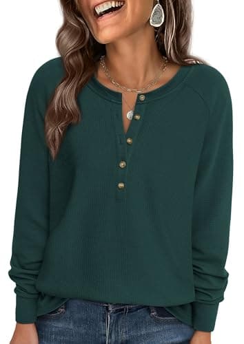 PRETTYGARDEN Women's Long Sleeve Waffle Knit Henley Shirts, Dark Green,S