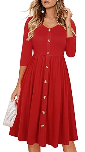 Lamilus Women's Casual Fall 3/4 Sleeve V-Neck Button Down A-Line Swing Party Dress (M,Red-026-3/4)